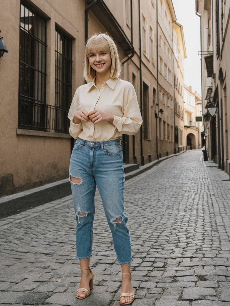 her name is Alliyah, high quality, 1girl, ((20-year-old fit Caucasian woman)), ((20 years old)), ((fit)), ((medium blonde with bangs)), pose: standing, wearing stylish random trend Generation-Z modern wear, BACKGROUND: overlooking cobblestone streets, ugly smiling, POSE: standing
