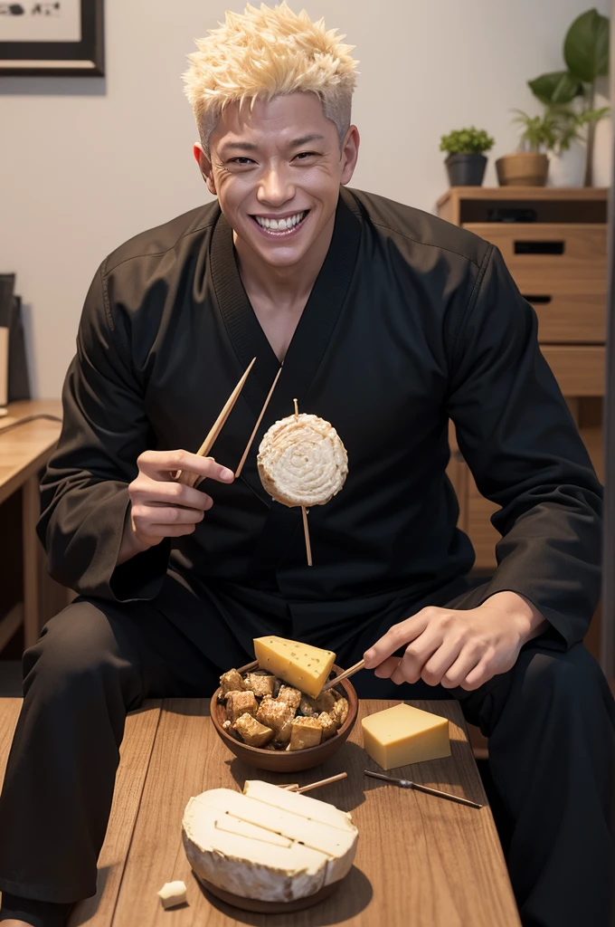 Satoro gojo character from jujutsu kaisen, seated at a desk, Grinning, eating cheese skewer, winking an eye, in Brazil