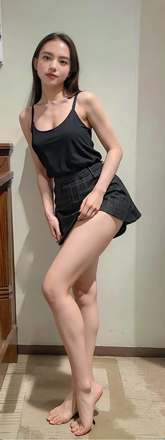 Open shirt, (((Leaning forward))), ((,Round face, Around ,mini skirt、Loose fitting tank top)),  Long Hair, , Natural Makeup, Lips become thicker, Sexy Gaze, barefoot, ((Raise one leg)),  Shooting from below,Gentle expression ,((Extremely precise and accurate anatomy)),  (masterpiece:1.43), Perfect Proportions, Realistic photos, Full Shot, whole body, (height: 165cm), 