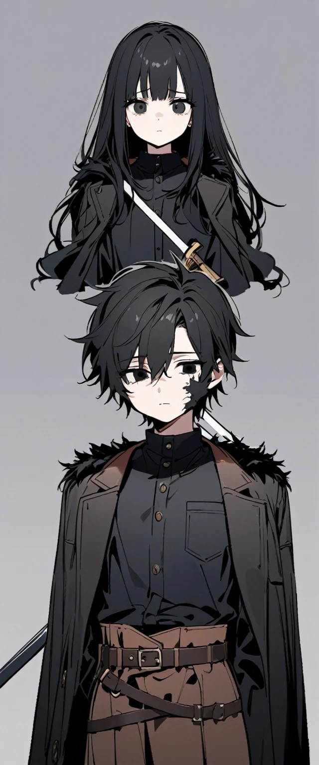 Drawing style of a  girl of 14 years olack hair and a little messy with a small shadow on her face showing how gloomy she is with black eyes wearing black clothes with brown leather straps with a black fur over his shoulders of his clothing while he has a sword in his sheath with a strap on his waist, with an empty look without feelings looking at nothing
