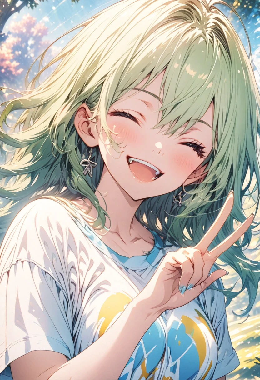 masterpiece, Highest quality, Highly detailed CG Unity 8K wallpapers, High School Girl Anime Illustration. Wearing an oversized T-shirt、She is making a peace sign、Green Hair、she has her eyes closed and mouth open, smile. The background is a light pastel colored landscape