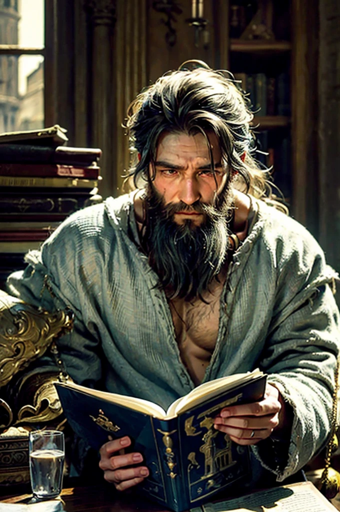 An oldery man Hermit have white bearded sage, white ascetic outfit, reading an old big book in an ancient library, optimistic, adventurous, cinematic lighting, dramatic skies, detailed facial features, detailed clothing, depth of field, photorealistic, highly detailed, 8k, masterpiece