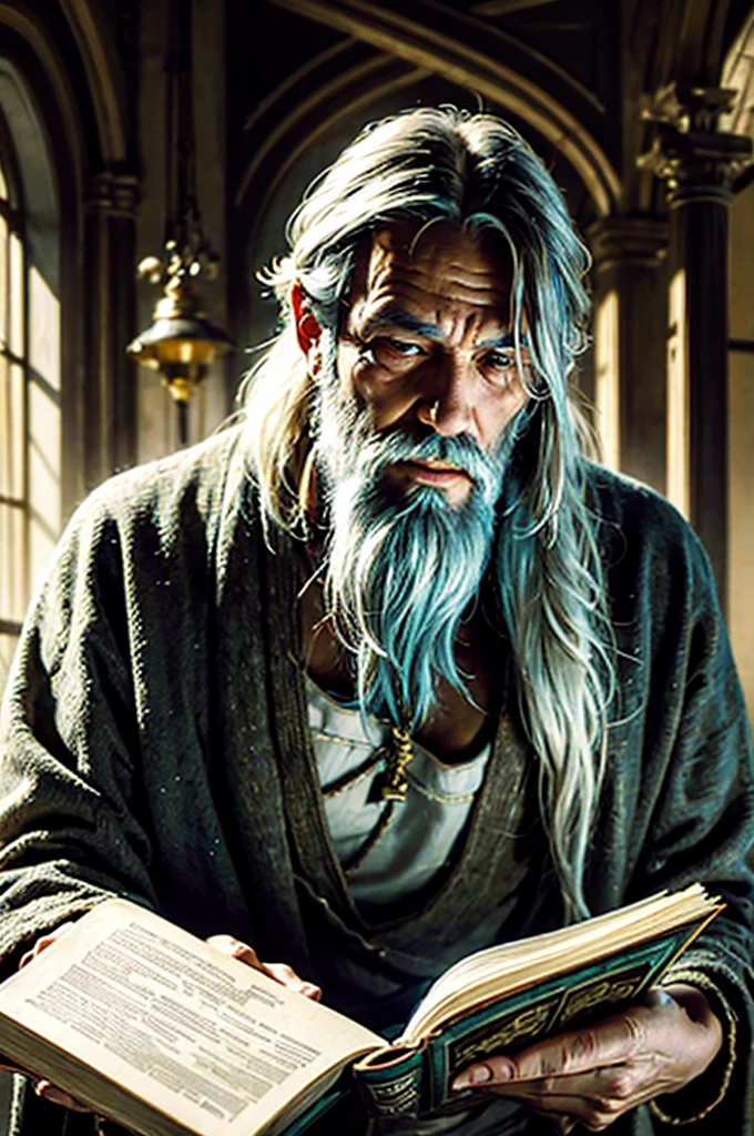 An oldery man Hermit have white bearded sage, white ascetic outfit, reading an old big book in an ancient library, optimistic, adventurous, cinematic lighting, dramatic skies, detailed facial features, detailed clothing, depth of field, photorealistic, highly detailed, 8k, masterpiece