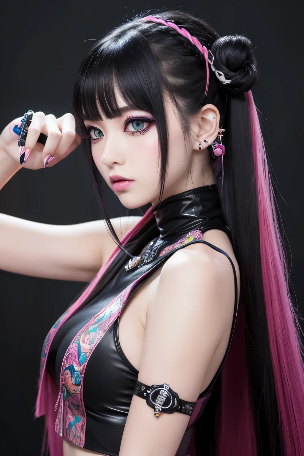 Portrait of a snake-inspired anime girl, front view, piercing almond-shaped eyes with slit pupils, sharp gaze, dramatic eye makeup with unique eyeliner and eyeshadow, long forked tongue slightly visible, long black hair with twin buns, colorful snake-like hair accessories, vibrant cyberpunk style outfit with scale patterns, intricate details, neon colors, snake motifs, kawaii yet slightly sinister aesthetic, white background, digital art, high detail --stylize 750
