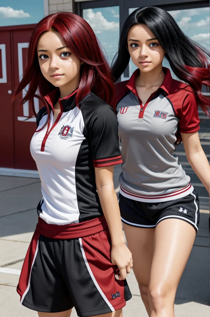 light skinned boku no hero academia anime girl, black hair and red locks, gray eyes and ua sports uniform from boku no hero