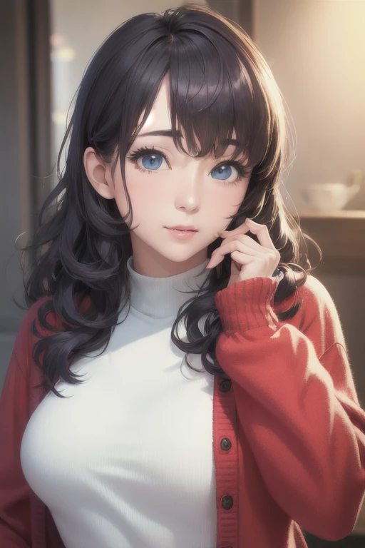 girl,Character design sheet,Beautiful attention to detail,Beautiful lip detail,Very detailed目と顔,Long eyelashes,Realistic,photoRealistic:1.37,Very detailed,Professional,Vibrant colors,Portraiture,Studio Lighting,Sharp focus,Physically Based Rendering,High resolution,超High resolution. blue eyes,Big eyes, Long Hair,Curly hair、Black Hair,Red cheeks,Droopy eyes,Small breasts,Jacket,Red cardigan,White T-shirt,White long skirt,