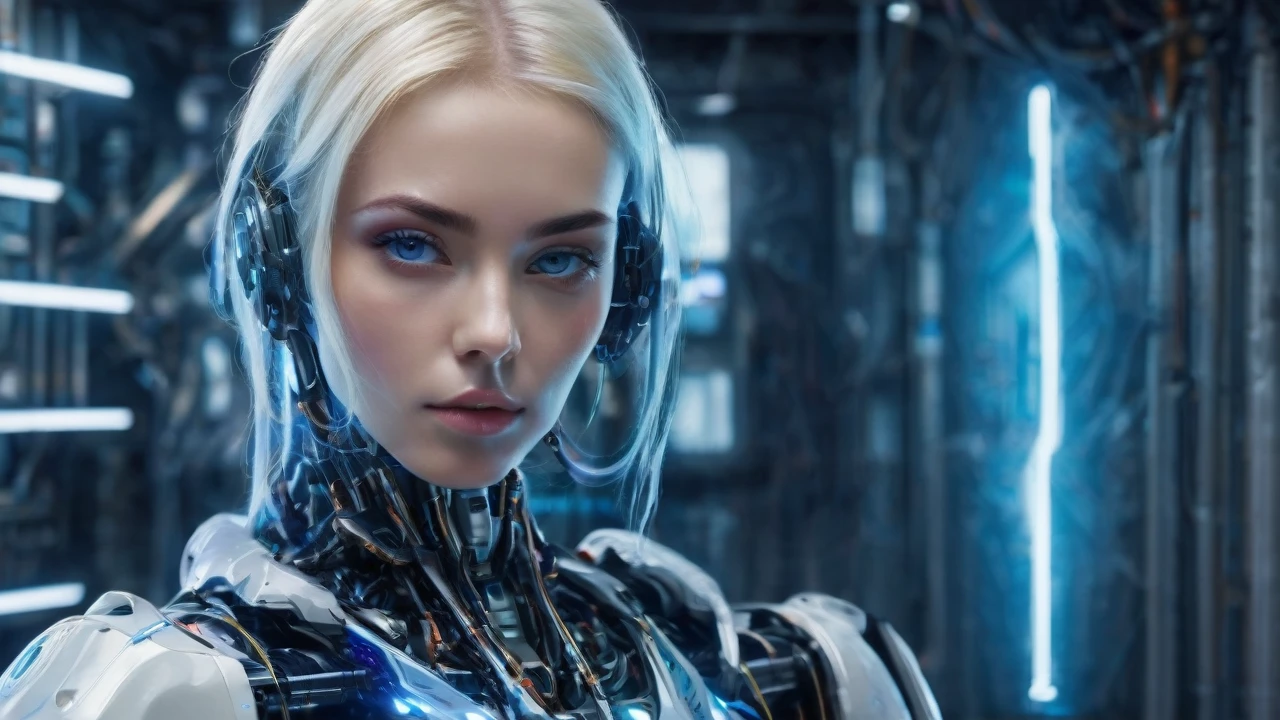 ```
Single advanced, near-future female cyborg with Russian features.
16:9 aspect ratio, landscape orientation.
Full-body portrait, entire figure visible from head to toe, no cropping.
Centered in frame, directly facing the camera.
Blend of Slavic beauty and advanced cybernetic technology.
Face with distinct Russian characteristics:
  - High cheekbones, slightly upturned nose
  - Clear, pale skin with subtle metallic undertones
  - Bright, cybernetic eyes with holographic blue irises
Short, platinum blonde hair with visible tech implants at the scalp.
Exposed metal components seamlessly integrated with organic features:
  - Metallic plates along jawline and forehead
  - Visible circuitry patterns on neck and shoulders
Torso partially covered with high-tech armor plating.
Arms and legs showing a mix of synthetic skin and exposed robotic parts.
Hands and feet fully robotic, with precise, articulated digits.
Transparent panels revealing internal bio-mechanical systems.
Faint blue energy lines pulsing along major body contours.
Stance emphasizing the contrast between human and machine elements.
Expression conveying intelligence and slight detachment.
Minimalist, futuristic background with Cyrillic text holograms.
Cool-toned lighting highlighting the metallic and organic surfaces.
Overall aesthetic: advanced, distinctly cyborg, with clear Russian influence.
```​​​​​​​​​​​​​​​​