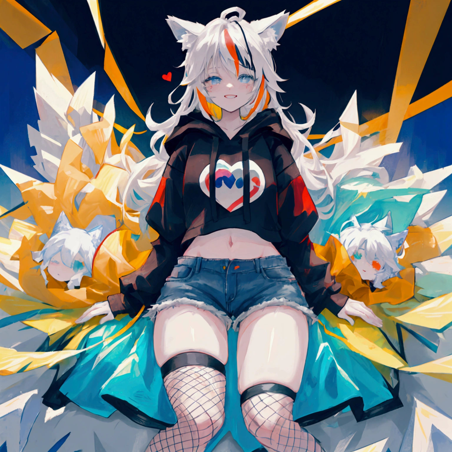 a cute adult male with wolf ears, long white hair, long locks, has a wolf tail, wearing a loose cropped black hoodie, wearing a pair of denim short shorts and fishnet stockings, thick thighs, wide hips, relaxing on mound of fluffy multi colored plushies, short, very slim, showing slender tummy, heart on hoodie, squishy thighs, has glowing blue eyes. alone, solo (ALONE)(SOLO), surrounded by rainbows, colorful galaxy backround, stretching, giggling