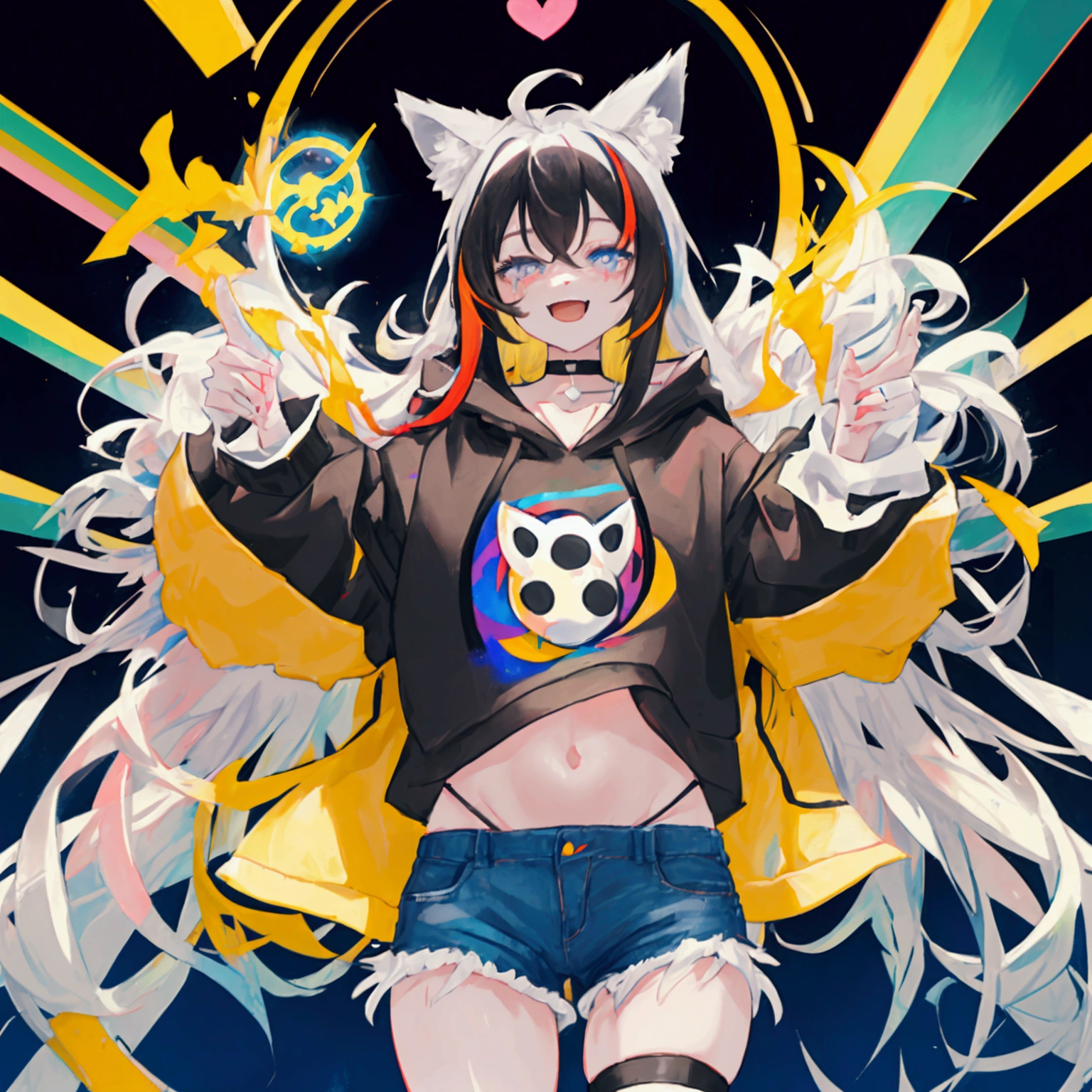 a cute adult male with wolf ears, long white hair, long locks, has a wolf tail, wearing a loose cropped black hoodie, wearing a pair of denim short shorts and fishnet stockings, thick thighs, wide hips, relaxing on mound of fluffy multi colored plushies, short, very slim, showing slender tummy, heart on hoodie, squishy thighs, has glowing blue eyes. alone, solo (ALONE)(SOLO), surrounded by rainbows, colorful galaxy backround, stretching, giggling