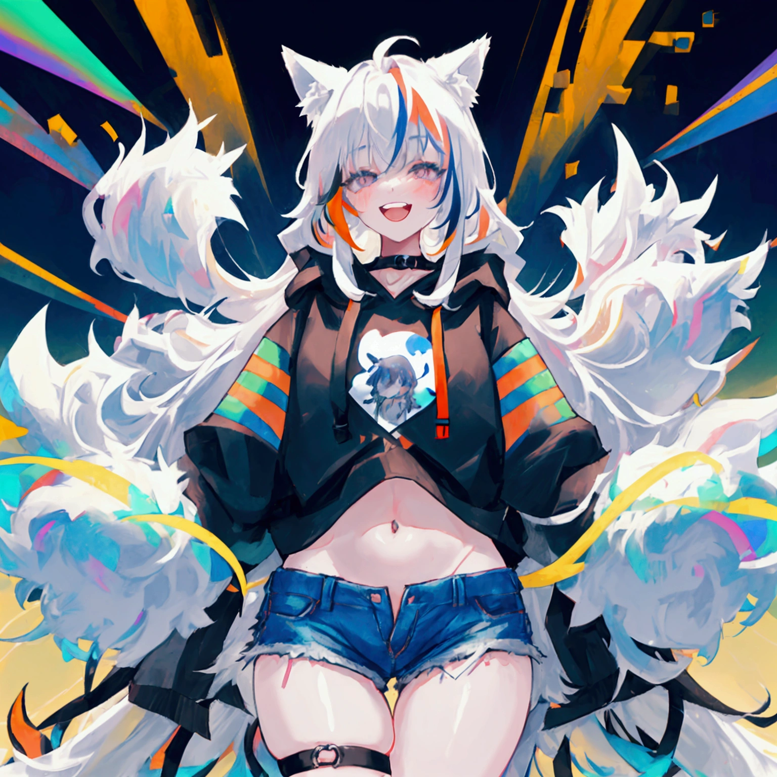 a cute adult male with wolf ears, long white hair, long locks, has a wolf tail, wearing a loose cropped black hoodie, wearing a pair of denim short shorts and fishnet stockings, thick thighs, wide hips, relaxing on mound of fluffy multi colored plushies, short, very slim, showing slender tummy, heart on hoodie, squishy thighs, has glowing blue eyes. alone, solo (ALONE)(SOLO), surrounded by rainbows, colorful galaxy backround, stretching, giggling