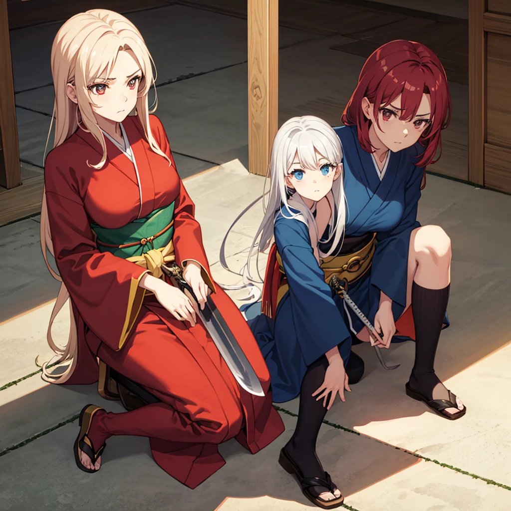 Good quality half body photo))(Teenage girl))アニメ)) looking at the camera angle))teenage girl with straight white hair with red highlights, straight white hair with red highlights, not very long hair, red band in hair, red hair tie in hair, big hair, Eyes red, scar on cheek, Caucasian skin, kimono tight shirt, japanese kimono, blue kimono blouse, blue blouse, japanese kimono, big socks e pretas, yellow belt around the waist in the middle of the kimono, swords, Eyes red, he would be,Darkening, haughty, habilidade swordshin,swords na cinturado kimono, breasts big, japanese wooden slipper, white and red hair,  warrioress, scar on cheek, swordshin, big black socks, big socks, cold and serious look, scar on cheek, swords grandes