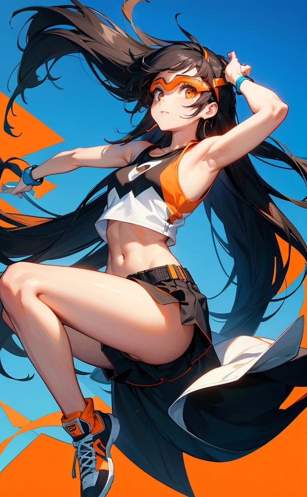 Long black hair、Beauty、White tank top、Highest quality、cyber punk、Orange goggles、background(Above)blue sky、Jumping figure、