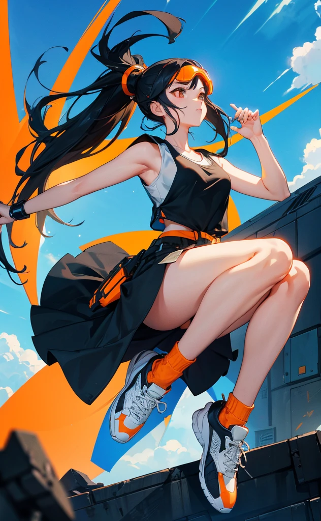 Long black hair、Beauty、White tank top、Highest quality、cyber punk、Orange goggles、background(Above)blue sky、Jumping figure、