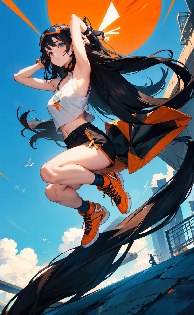 Long black hair、Beauty、White tank top、Highest quality、cyber punk、Orange goggles、background(Above)blue sky、Jumping figure、