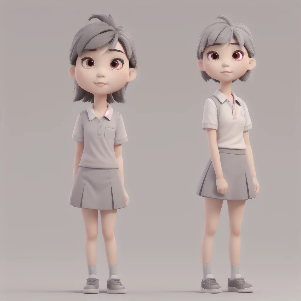 Asian teen, sharp face, small nose, pink small lips, grey asian eyes, grey short bangs, white school shirt, grey short skirt, short white socks, black fancy shoes