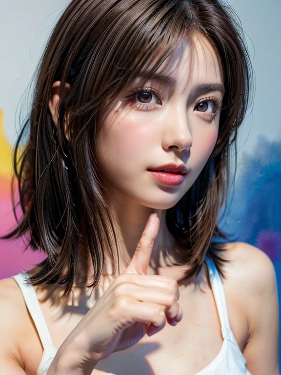 ((anatomically correct, There are five fingers, Raise own index finger:1.2, Index finger in front of mouth:1.2, Gesture of kissing own index finger, Kissing gesture, Poke out lips)), (masterpiece:1.2, Highest quality), (Beautiful, detailed eyes:1.2, Beautiful skin, Beautiful hair, Beautiful eyes, seductive eyes:1.2), ((Woman)), ((Asymmetrical short hair)), (Highly detailed CG, Super detailed, Best Shadow:1.1), ((Depth of written boundary:1.1)), (Detailed eyes and face:1.3), ((watercolor)), beautiful concept figure, (figure:1.1), (Perfect detail:1.1), looking at viewer, Good posture and dignity, From the neck up, natural soft lighting, evening sunset, Highlights in the eyes, Very perfect and beautiful face, close up shot, glossy lips, Bare shoulders, (vibrant colors, vivid colors background:1.2),