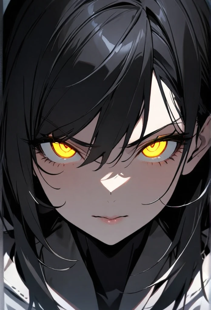 Black Hair, Solo, Looking at viewer, Masterpiece, main face, front face, yellow eyes, glowing eyes, mature