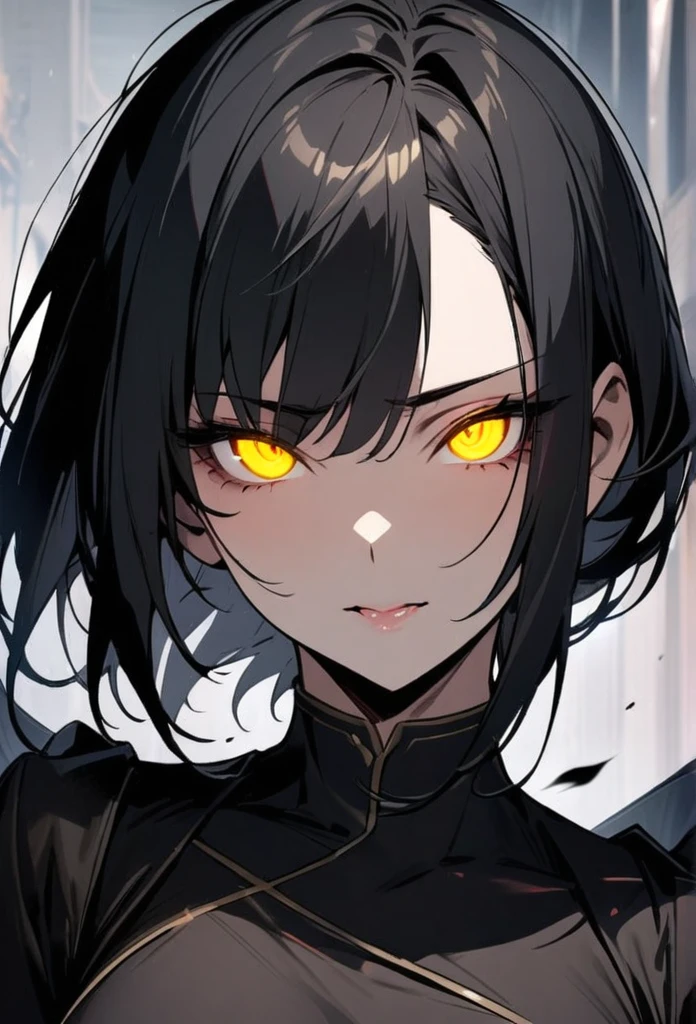 Black Hair, Solo, Looking at viewer, Masterpiece, main face, front face, yellow eyes, glowing eyes, mature