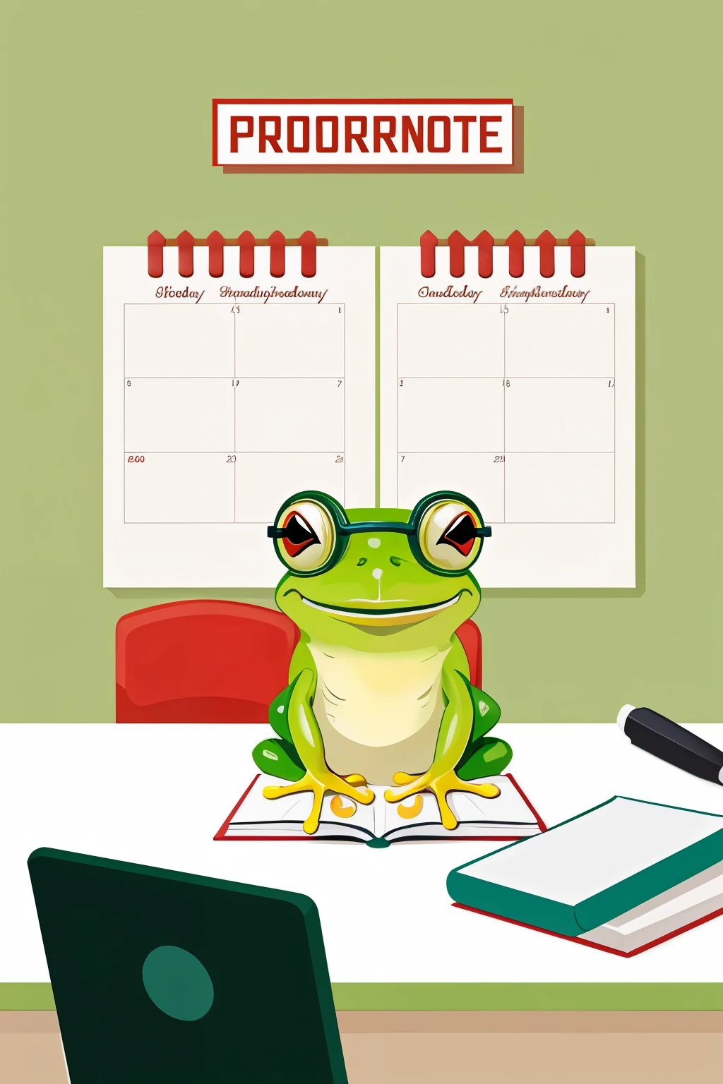 Section 1: Overcome Procrastination Description: An illustration of a green frog sitting on a desk with a large calendar behind it, marking the most important task of the day. The frog is wearing glasses and holding a to-do list. The image is colorful and friendly.