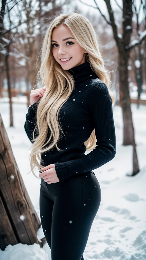 1 gorgeous blonde woman with long wavy hair wearing a wool turtleneck sweater and black tight pants, 23 ans, (throwing snowball:1.0), having a great fun playing  Snowball Fight, smile, happiness, canon 85 mm, Light depth of field, Kodak Ektar 200, perfect fit body, extreme details ,UHD