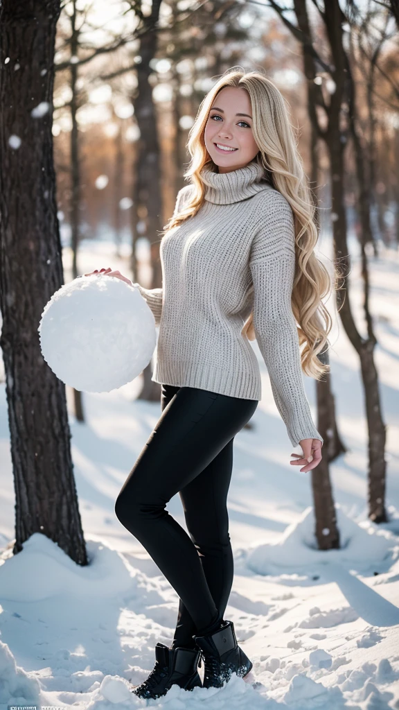 1 gorgeous blonde woman with long wavy hair wearing a wool turtleneck sweater and black tight pants, 23 ans, (throwing snowball:1.0), having a great fun playing  Snowball Fight, smile, happiness, canon 85 mm, Light depth of field, Kodak Ektar 200, perfect fit body, extreme details ,UHD