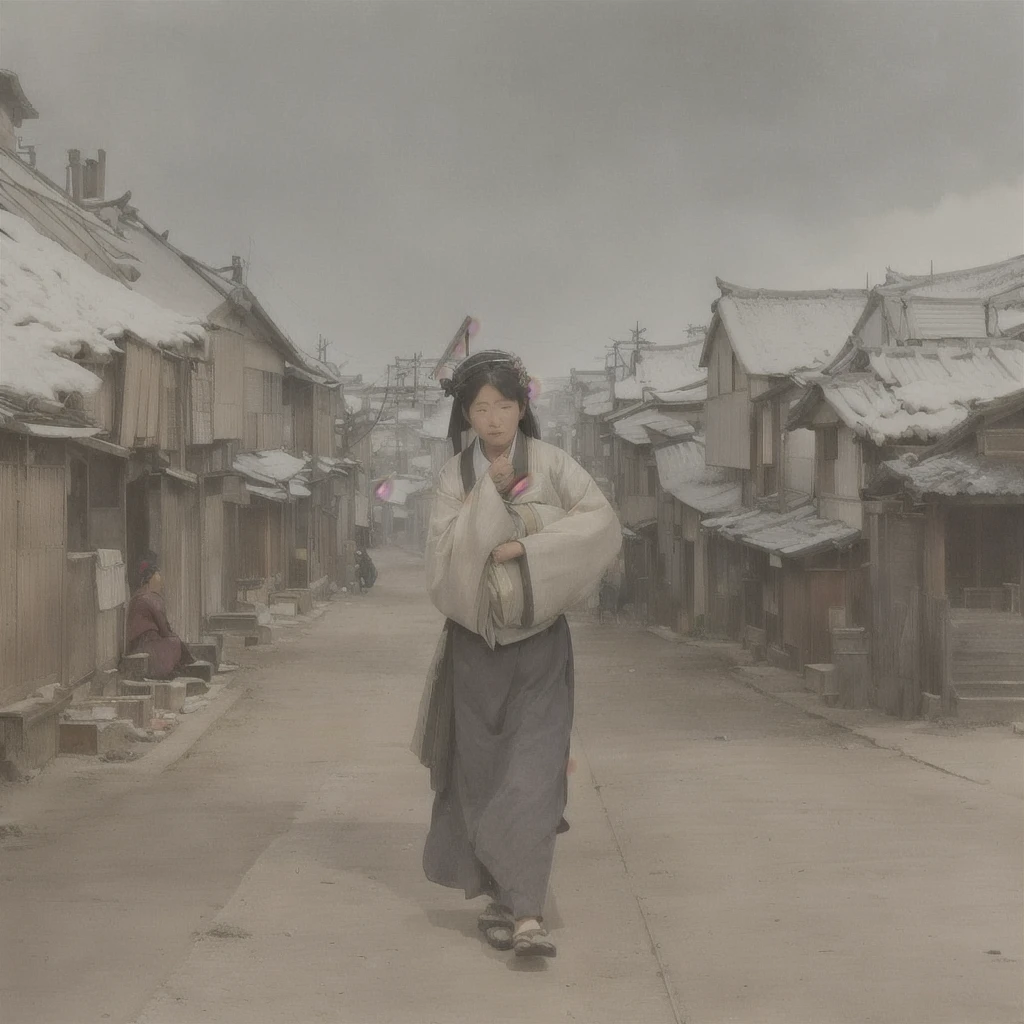 A picture of a street with people walking, by Kamisaka Sekka, Dusty Street, The ancient street behind her, in a village street, Inspired by Santiago Martínez Delgado, By Artur Tarnowski, on the road, By Ludwig Konaszewski, Inspired by Anton Piek, Foggy Alley, on the roadBlazing flames, fire, crowd, throng, freezing, mother warming her baby.Scenery and Cityscape in the Early Meiji Era After the Meiji Restoration, Japan underwent rapid modernization and civilization. Consequently, many changes and reforms occurred. Below is a detailed explanation of the scenery, appearance of the poor, occupations, and cityscapes in the early Meiji period (1868 to the early 1880s). 2. Appearance of the Poor Life for the impoverished and lower classes remained harsh. In particular, in urban areas, people migrated from rural areas or unemployed artisans gathered, intensifying competition in the labor market. Many of them struggled with poverty, often residing in slums or around temples. 3. Occupations Meiji early Japan witnessed a diversification of occupations. Traditional agriculture and handicrafts were accompanied by the rise of modern industry and commerce. Particularly in urban areas, factory workers, shop clerks, and transporters increased, giving rise to new professions. However, many in these occupations endured harsh working conditions. 4. Influence of Civilization and Enlightenment During the Meiji era, Western cultural influences spread rapidly. Changes in clothing, dietary habits, and the proliferation of Western-style architecture advanced, especially in urban areas. Conversely, this development posed a threat to traditional culture and lifestyles, resulting in societal upheaval and adaptation challenges. 5. Social Change and Policy Influence While promoting modernization policies, the government also addressed poverty and social issues. Legislation for labor protection and charitable activities to aid the poor were implemented. Nevertheless, living conditions for the impoverished scarcely improved. The early Meiji period marked a rapid transformation in Japan, with complex social land
