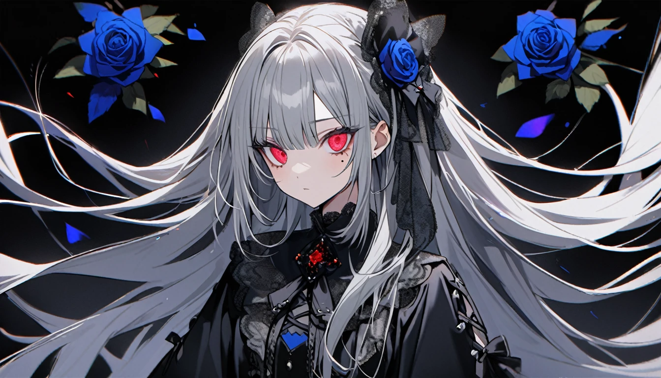 1 Gothic Lolita fashion teen girl character。gray hair color、Glowing red eyes、Long Hair、There is a mole under the left eye。Without background、Depict people only。bluerose、Blue rose