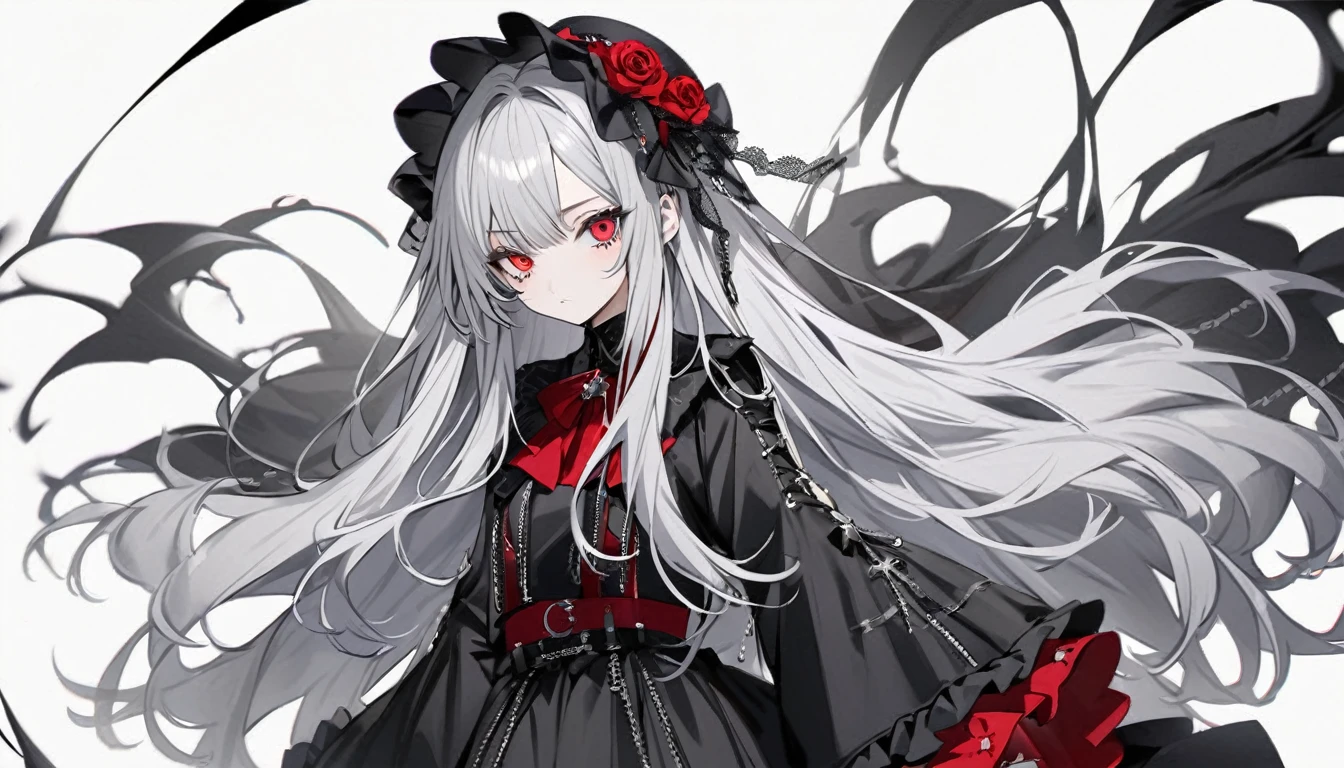 1 Gothic ta fashion teenl character。gray hair color、Glowing red eyes、Long Hair、There is a mole under the left eye。Without background、Depict people only。bluerose、Blue rose