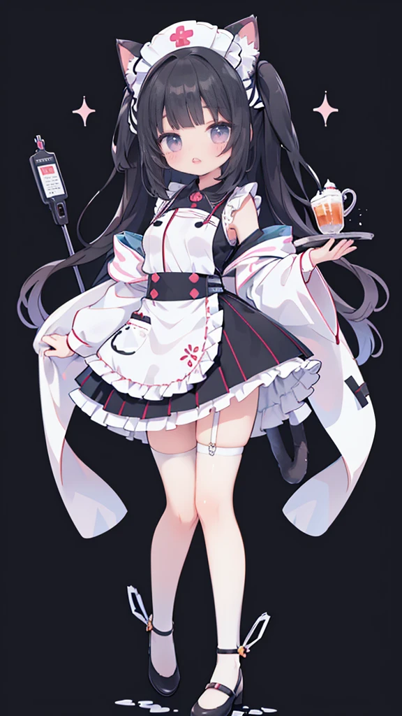 masterpiece,best quality,Official Art,Extremely detailed CG unity 8k wallpaper, beautiful girl,Nurse, Kawaii,with her cat ears up, anime girl ,standing,Wearing white stockings,mini skirt,sleeveless tops,energetic and cute,black hair,long hair,Nurse tiara