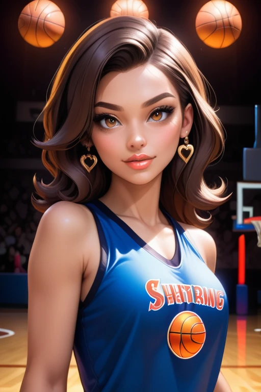 Tall hispanic woman with expressive hazel eyes and long wavy dark brown hair; warm olive skin; hourglass build; ("heart-shaped-face" with full lips); ample bosom; best quality; trending on artstation; dark room with complex volumetric lighting; strong shadows; artistic lighting; dynamic; energetic vibe; realistic skin; specular highlights; micro-textures; highly detailed hair; playing street basketball