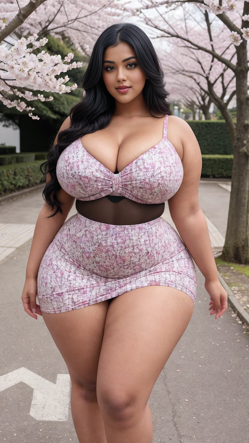 swastika mukharjee Indian beautiful woman curvy plus size hour glass bulky huge figure woman, closeup camera view, big huge m-cup breast, wearing SHEIN Young Girl Colorful Unicorn Printed Mesh Dress For Spring And Summer Color: Pink , covered Bust , elegant standing position, eye contact view, different style hairstyle, bright eyes, thin eyebrows, fair skin, blushing cheeks, prefect head to toe view, full body, ideal for high-fashion or editorial shoots, ultra realistic skin texture, head to toe view, full body shot, full body view, smile face, black hair, Indian face, perfect skin tone light, ultra realistic skin texture, bigger waist, busty, big hips, fleshy thighs, thick thighs, busty, full body view, Cherry Blossom Trees: Pink blossoms in full bloom.