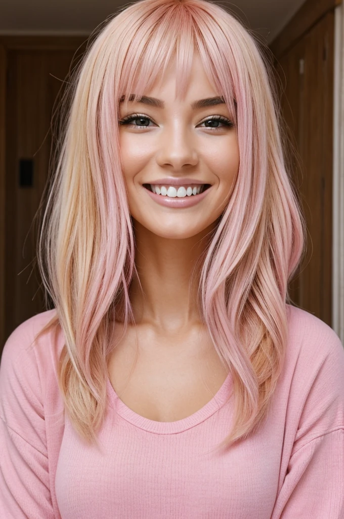 Excited woman with blonde hair dyed pink