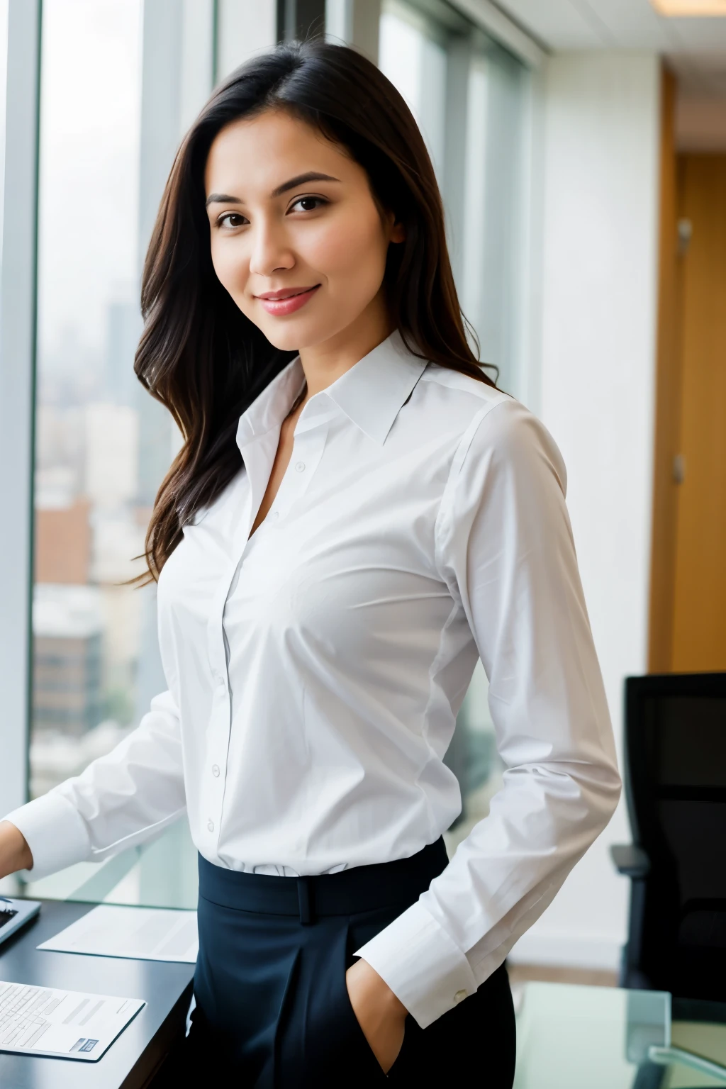 Captures the beauty of a female real estate developer in a work environment