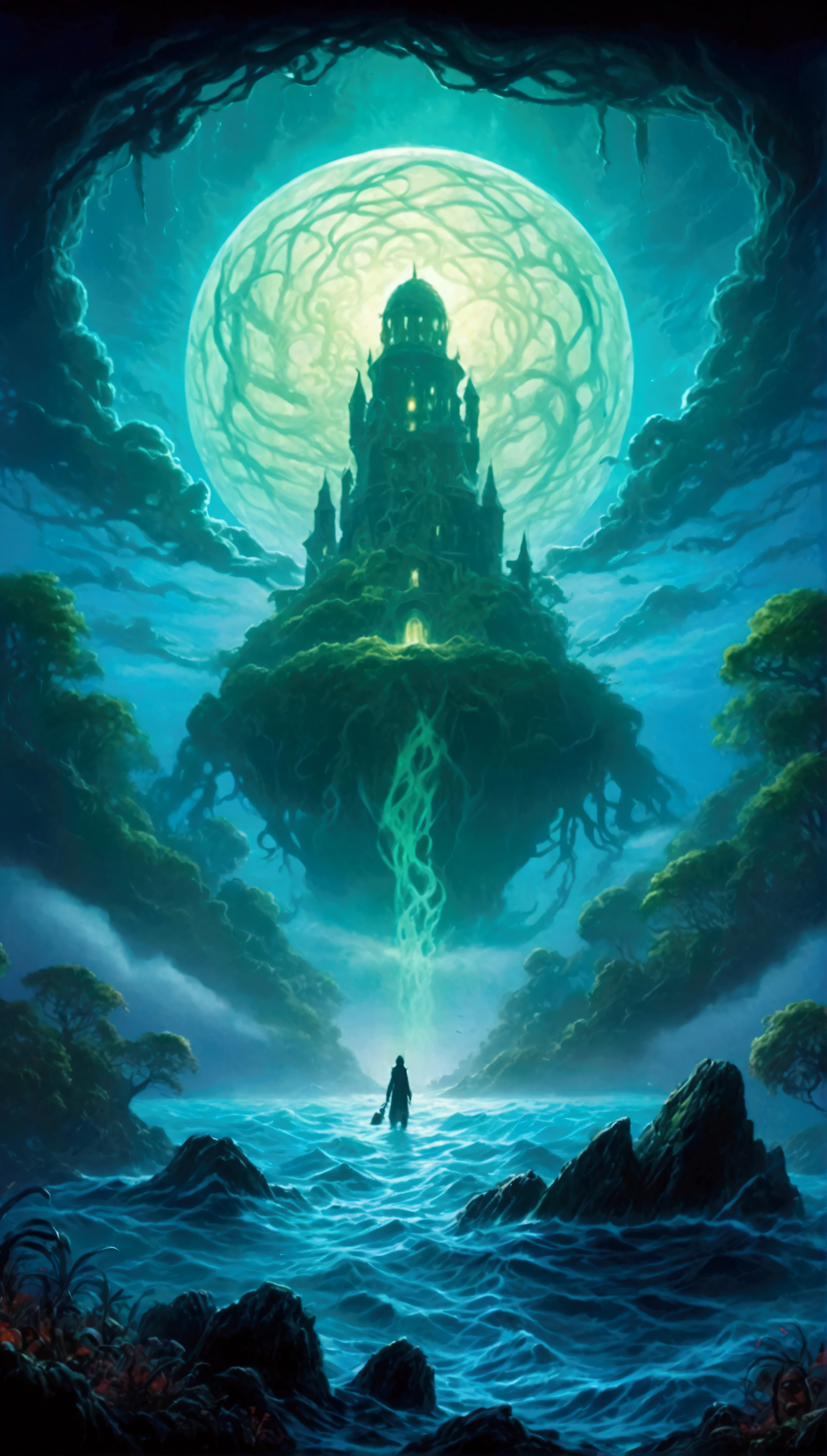 masterpiece, anime style, oil painting, award winning, centered, cinematic scene, Lovecraftian horror, vibrant illustration, cosmic horror, mysterious island, shrouded in fog, surrounded by water, wide shot, HD, 