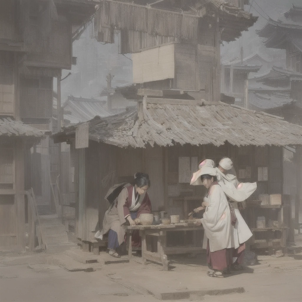 A painting of a man and woman in white robes standing in front of a hut, Beautiful artwork illustration, concept art scene, Oriental landscapes, Atmospheric. Digital Painting, Concept Painting, Concept Art Digital Illustration, by Han Gan, market, Background Art, illustration concept art, Inspired by Carl Spitzweg, Detailed Scene, Illustration Matte Painting, Painterly concept art Blazing flames, fire, crowd, throng, freezing, mother warming her baby.Scenery and Cityscape in the Early Meiji Era After the Meiji Restoration, Japan underwent rapid modernization and civilization. Consequently, many changes and reforms occurred. Below is a detailed explanation of the scenery, appearance of the poor, occupations, and cityscapes in the early Meiji period (1868 to the early 1880s). 2. Appearance of the Poor Life for the impoverished and lower classes remained harsh. In particular, in urban areas, people migrated from rural areas or unemployed artisans gathered, intensifying competition in the labor market. Many of them struggled with poverty, often residing in slums or around temples. 3. Occupations Meiji early Japan witnessed a diversification of occupations. Traditional agriculture and handicrafts were accompanied by the rise of modern industry and commerce. Particularly in urban areas, factory workers, shop clerks, and transporters increased, giving rise to new professions. However, many in these occupations endured harsh working conditions. 4. Influence of Civilization and Enlightenment During the Meiji era, Western cultural influences spread rapidly. Changes in clothing, dietary habits, and the proliferation of Western-style architecture advanced, especially in urban areas. Conversely, this development posed a threat to traditional culture and lifestyles, resulting in societal upheaval and adaptation challenges. 5. Social Change and Policy Influence While promoting modernization policies, the government also addressed poverty and social issues. Legislation for labor protection and charitable activities to aid the poor were implemented. Nevertheless, living conditions for the impoverished scarcely improved. The early Meiji period marked a