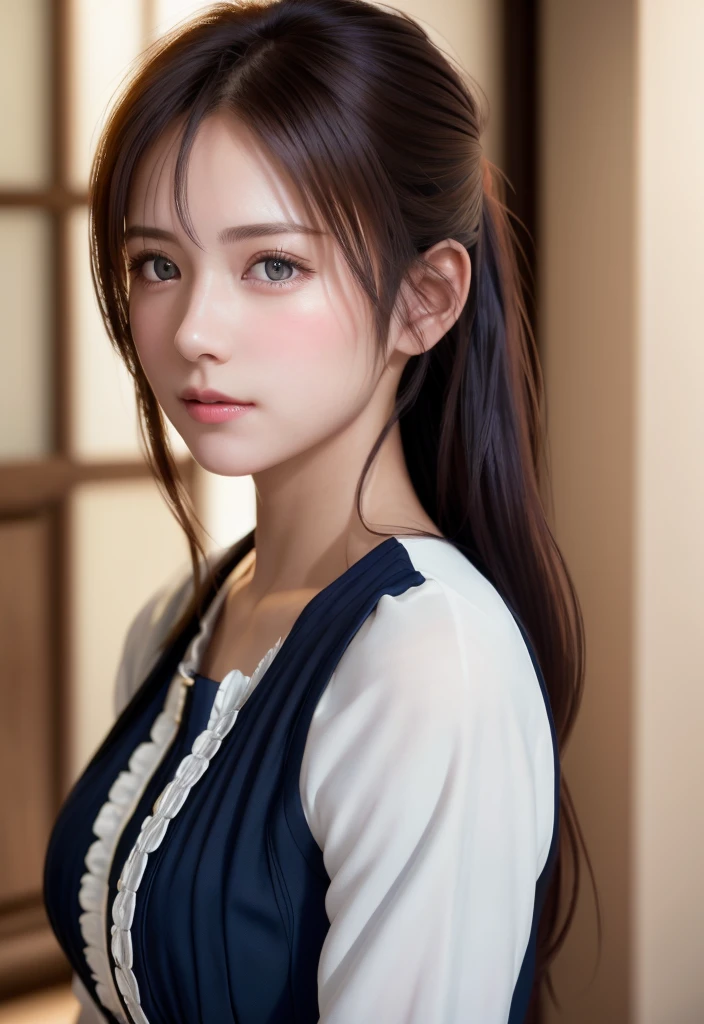 8K, of the highest quality, masutepiece:1.2), (Realistic, Photorealsitic:1.37), of the highest quality, masutepiece, Beautiful young woman, Pensive expression,、A charming、and an inviting look, Cute Maid Clothes, Hair tied back, Cinematic background, Light skin tone