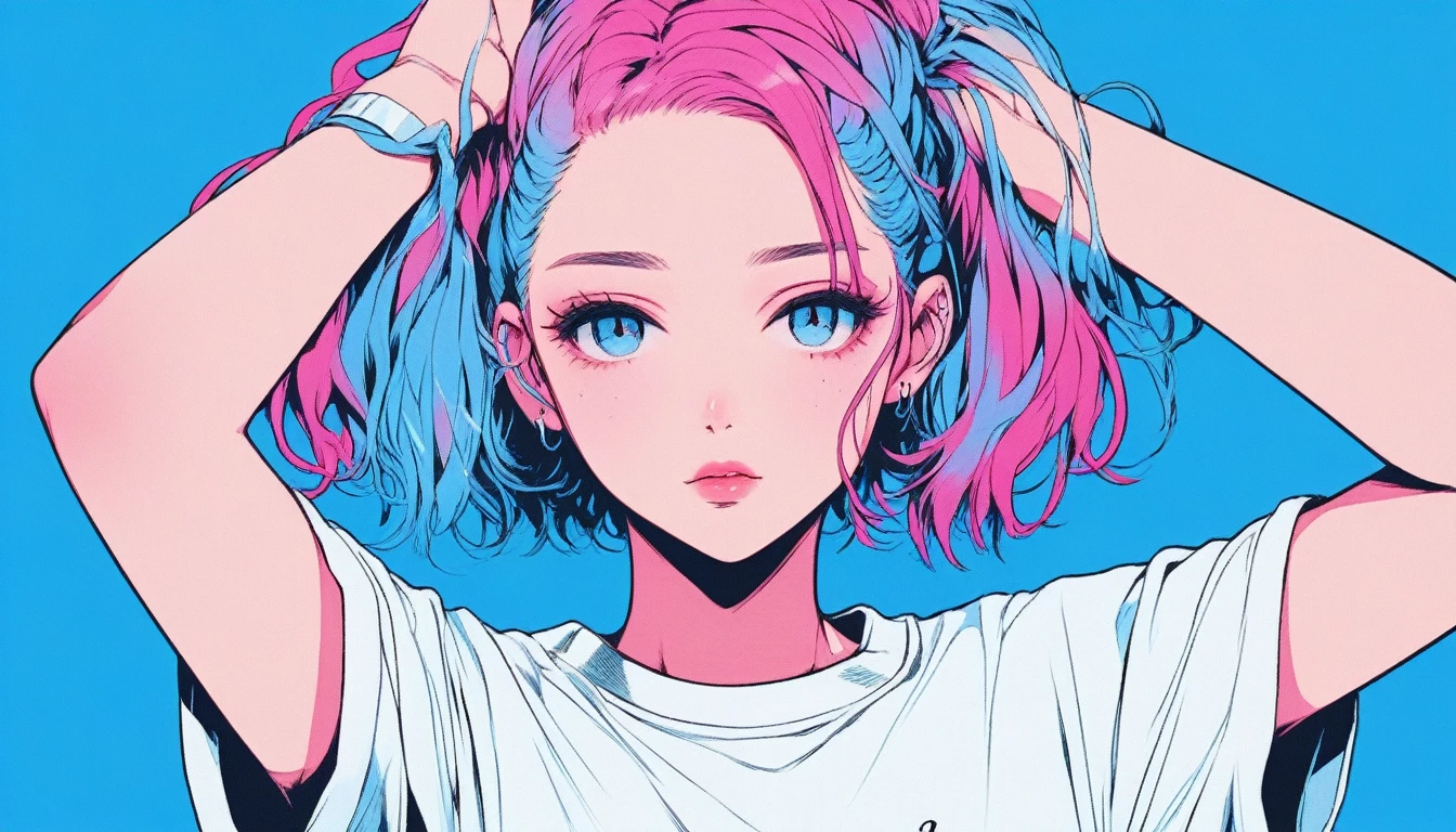 Illustrator, anime , Realistic ,sketch , 1 Girl, ,lip, tshirt,order, Blue gradient background, Neon Hair,Textured Trim, Canadian, (masterpiece,Highest quality) Cancer、Fold your arms behind your head