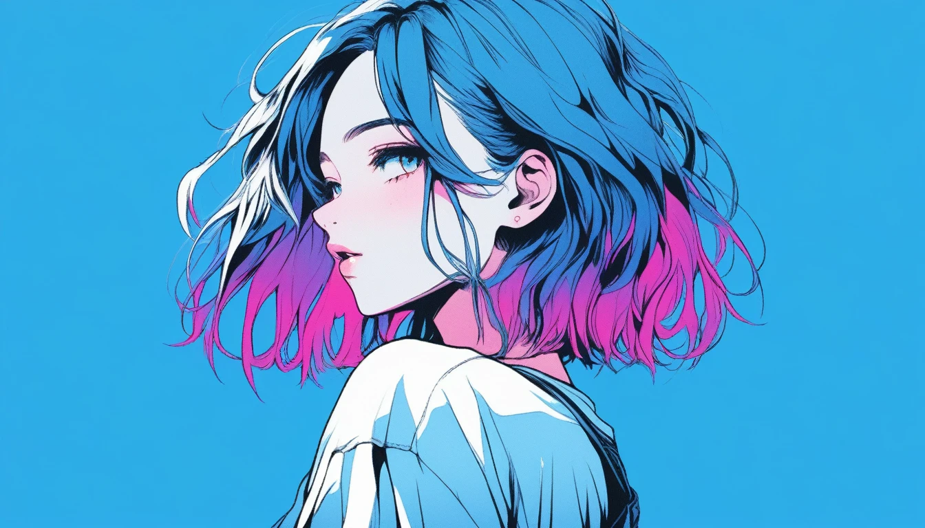 Illustrator, anime , Realistic ,sketch , 1 Girl, ,lip, ｔshirt，order, Blue gradient background, Neon Hair,Textured Trim, Canadian, (masterpiece,Highest quality) Cancer、Fold your arms behind your head