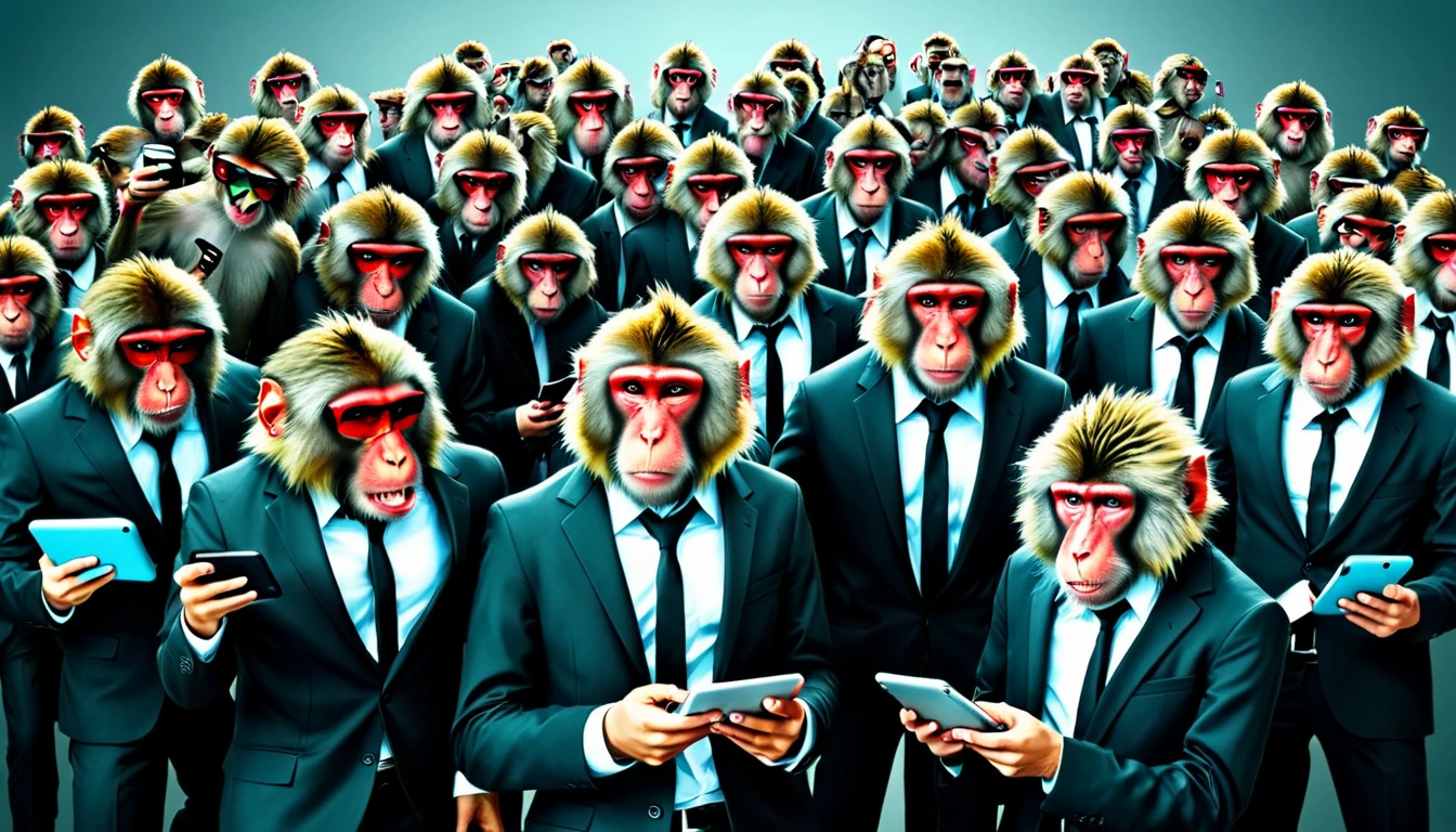 Create an illustration depicting a swarm of monkeys using social media to cyberbully. The horde of monkeys are individually wearing normal clothing. Draw a group of monkeys with smartphones, tablets, and smart phones typing furiously and posting negative comments. Some monkeys should look angry or malicious, while others should be laughing or having fun. The background should be a chaotic mix of digital screens displaying harmful messages and symbols of social media platforms. The overall atmosphere should convey the destructive and overwhelming nature of online harassment.
