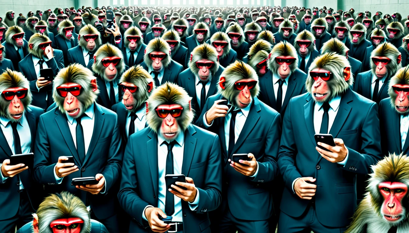 Create an illustration depicting a swarm of monkeys using social media to cyberbully. The horde of monkeys are individually wearing normal clothing. Draw a group of monkeys with smartphones, tablets, and smart phones typing furiously and posting negative comments. Some monkeys should look angry or malicious, while others should be laughing or having fun. The background should be a chaotic mix of digital screens displaying harmful messages and symbols of social media platforms. The overall atmosphere should convey the destructive and overwhelming nature of online harassment.
