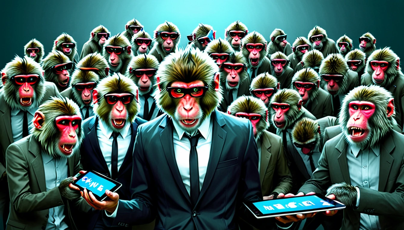 Create an illustration depicting a swarm of monkeys using social media to cyberbully. The horde of monkeys are individually wearing normal clothing. Draw a group of monkeys with smartphones, tablets, and smart phones typing furiously and posting negative comments. Some monkeys should look angry or malicious, while others should be laughing or having fun. The background should be a chaotic mix of digital screens displaying harmful messages and symbols of social media platforms. The overall atmosphere should convey the destructive and overwhelming nature of online harassment.
