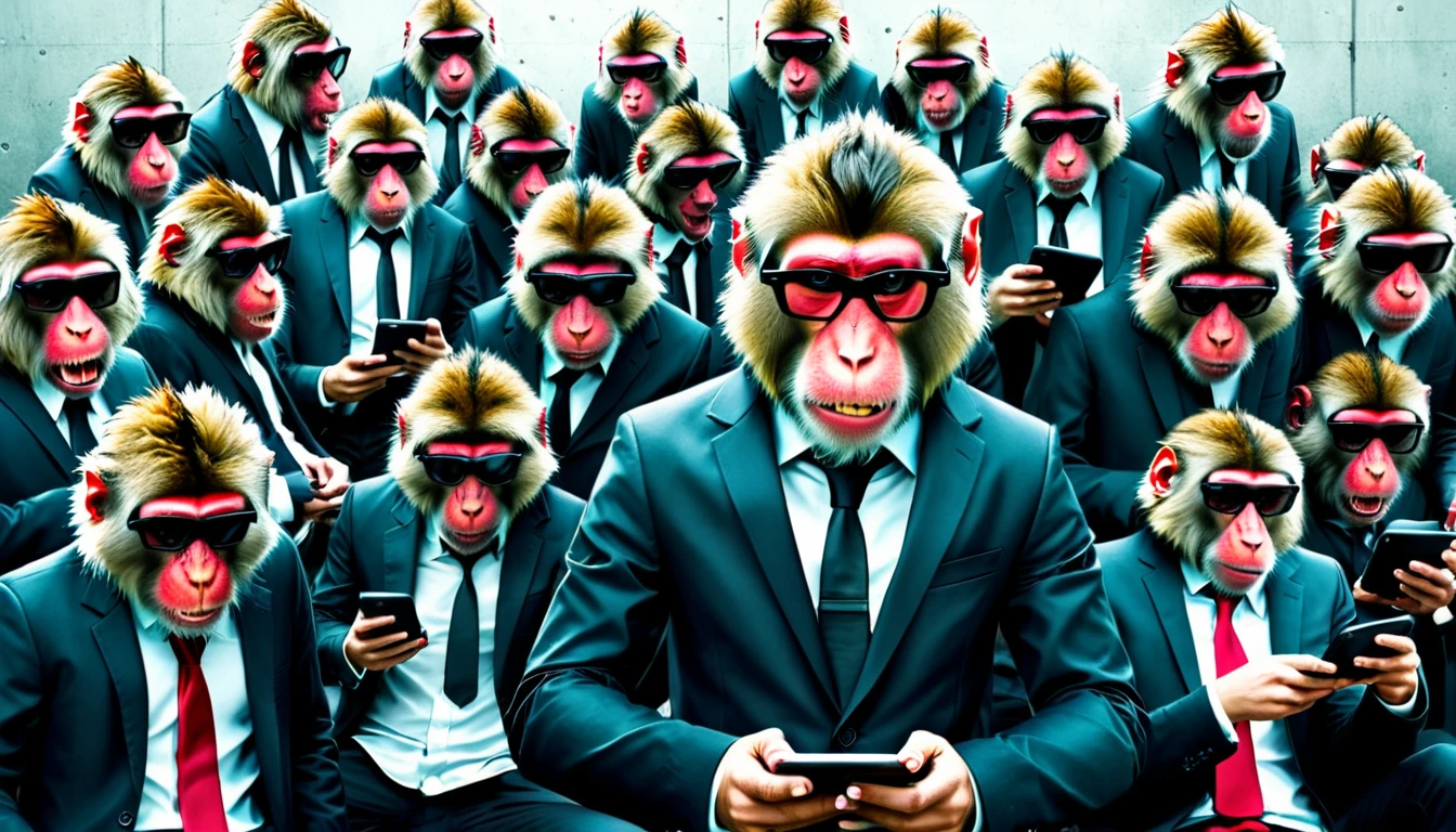 Create an illustration depicting a swarm of monkeys using social media to cyberbully. The horde of monkeys are individually wearing normal clothing. Draw a group of monkeys with smartphones, tablets, and smart phones typing furiously and posting negative comments. Some monkeys should look angry or malicious, while others should be laughing or having fun. The background should be a chaotic mix of digital screens displaying harmful messages and symbols of social media platforms. The overall atmosphere should convey the destructive and overwhelming nature of online harassment.
