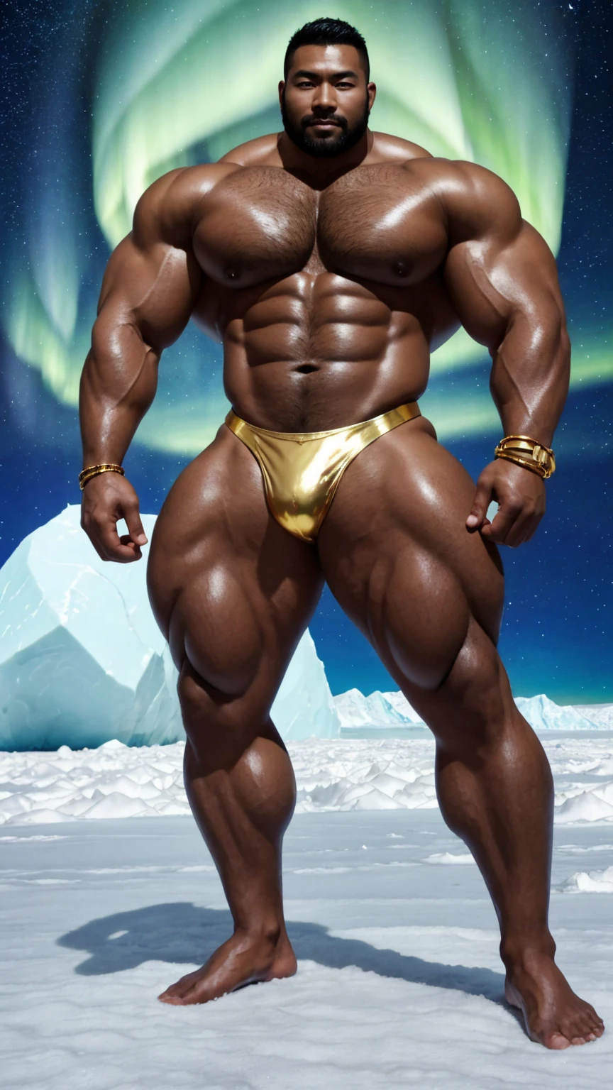There is only one handsome Chinese man in the photo,35 years old,tall, Fitness,Smooth body,Smooth skin,No chest hair,short hair, O-Shaped Beard,Perfect body, Dark skin color,Radiant Skin,Smooth skin,Shiny, shiny skin,Smooth pectoral muscles,Muscle bulge, muscular, Very large pectoral muscles,Very sexy abdominal muscles,Very well-developed leg muscles,Huge concave and convex area,Brightens oily skin,Wearing a shiny gold leather thong,Handsome face,Normal human toes,Correct and accurate male body proportions,Gold Collar,Gold bracelet,Gold anklets,Stand on a glacier,Night sky,A sky full of stars,There are auroras,Colorful,Charming dream scene,Epic。