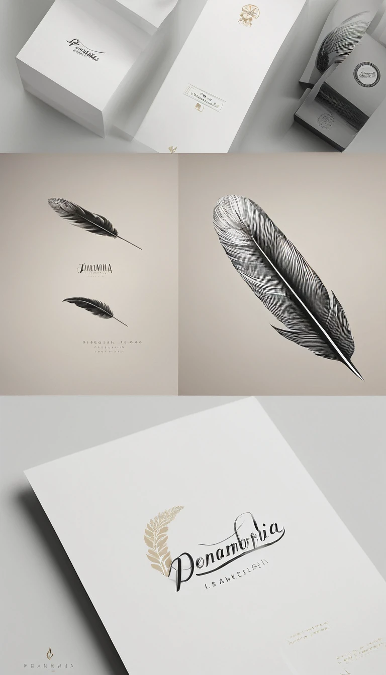 A minimal, modern, simple, cinematic logo design for the brand “Penamemoria". Create a modern, minimalistic, high-quality, logo of a feather that convey a sense of memories and dreams