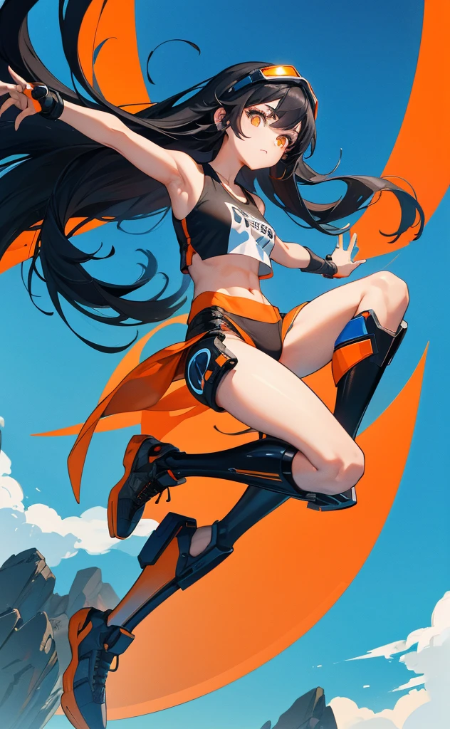 Long black hair、Beauty、White tank top、Highest quality、cyber punk、Orange goggles、background(Above)blue sky、Jumping figure、Lower Body Cyborg