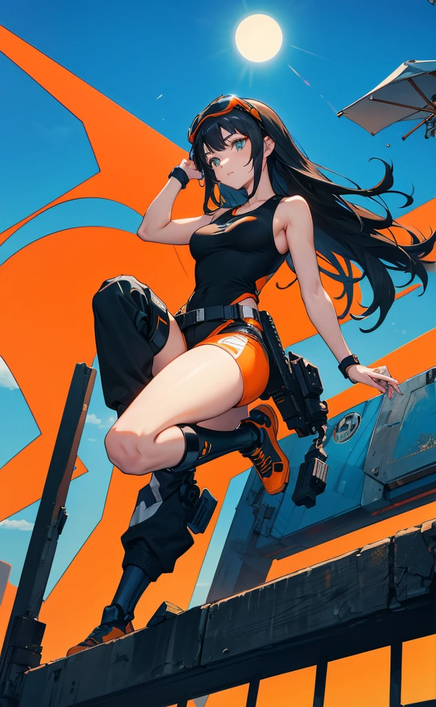 Long black hair、Beauty、White tank top、Highest quality、cyber punk、Orange goggles、background(Above)blue sky、Jumping figure、Lower Body Cyborg