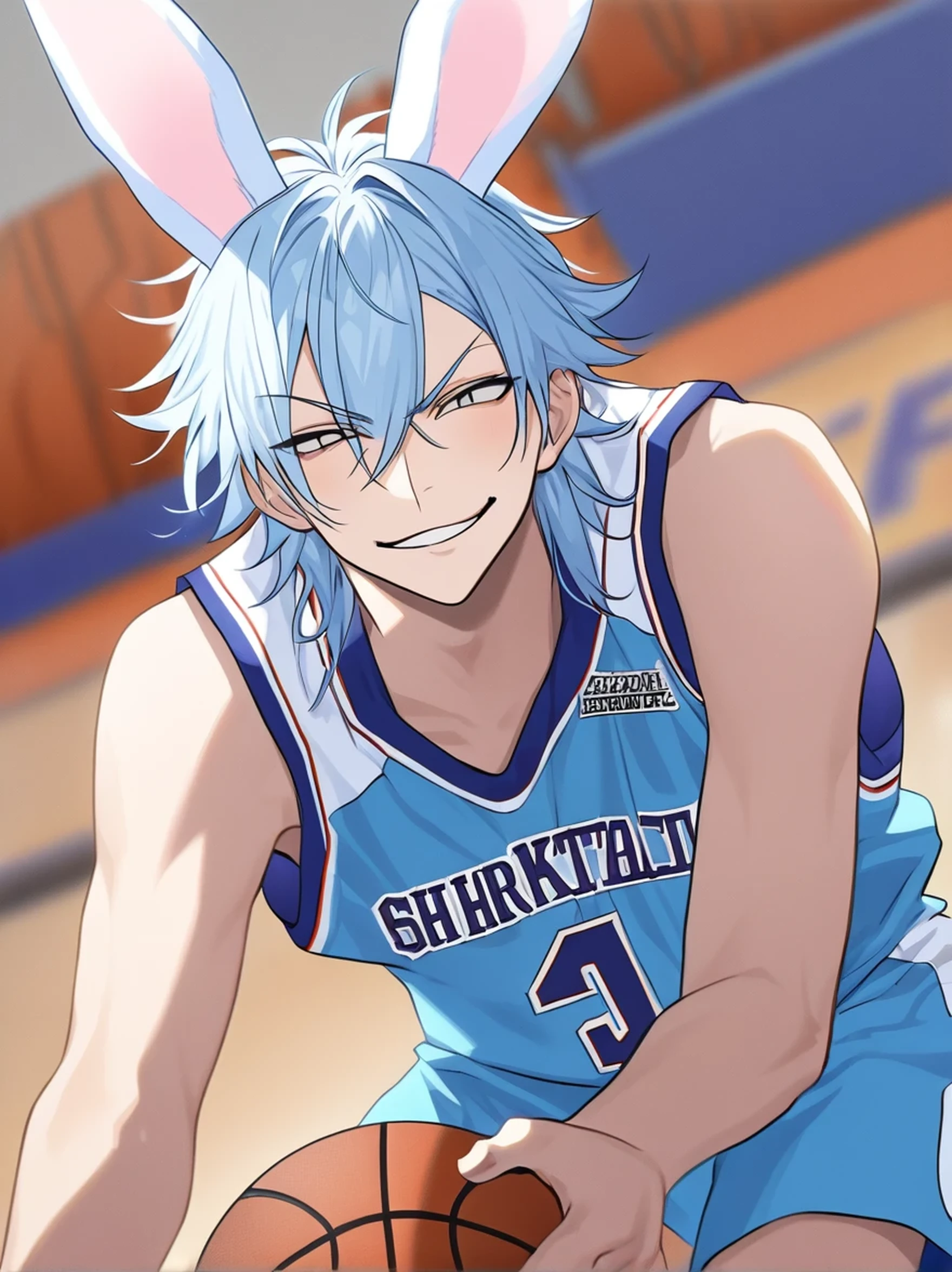 Basketball gym background, male, solo male, light blue hair, light blue bunny ears, basketball uniform, smirking expression, gray eyes