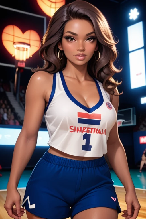 Tall hispanic woman with expressive hazel eyes and long wavy dark brown hair; warm olive skin; hourglass build; ("heart-shaped-face" with full lips); ample ?????; best quality; trending on artstation; dark room with complex volumetric lighting; strong shadows; artistic lighting; dynamic; energetic vibe; realistic skin; specular highlights; micro-textures; highly detailed hair; playing street basketball on an outdoor court, surrounded by urban sprawl with lots of highrise buildings