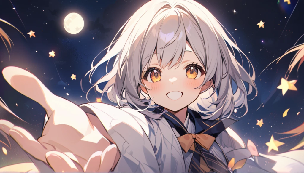 A cute girl under the full moon、Reaching out to the starry sky, shining with a smile