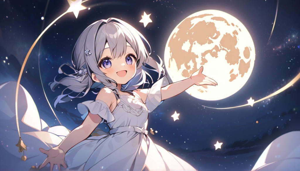 A cute girl under the full moon、Reaching out to the starry sky, shining with a smile